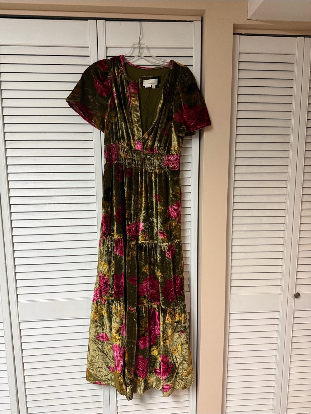 Anthropologie Olive Green and Magenta Floral Velvet Maxi Dress